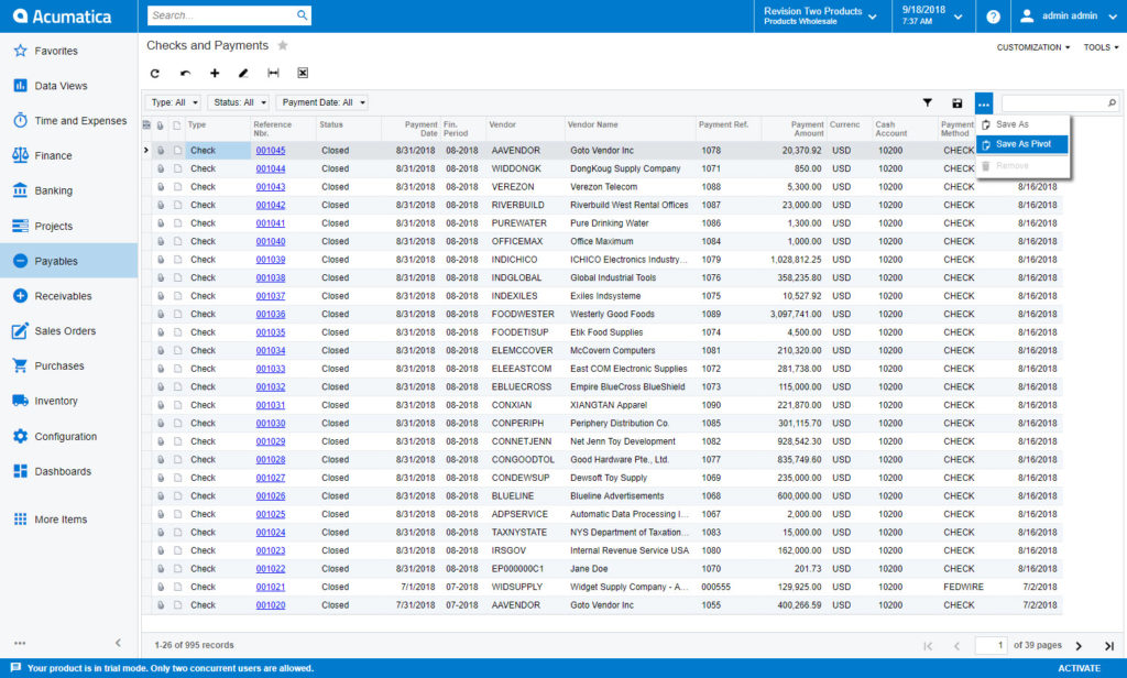 Acumatica 2018 R2 Save As Pivot Table