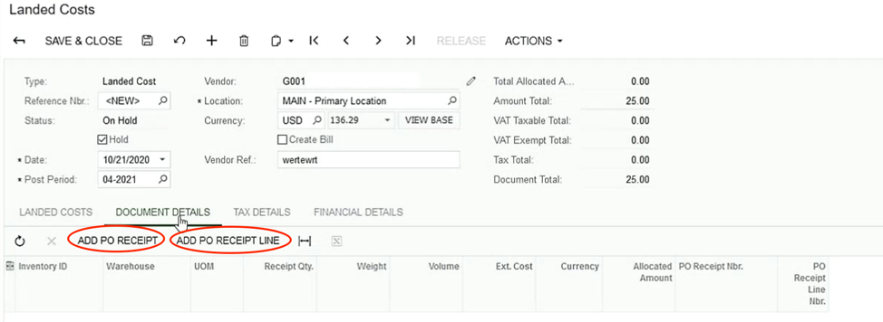 Acumatica Landed Costs Allocate from PO Receipt Screen Shot