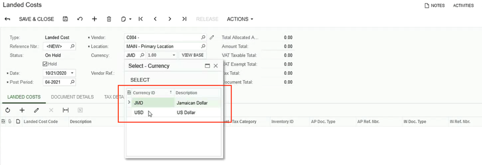 Acumatica Landed Costs Currency Selection Screen Shot