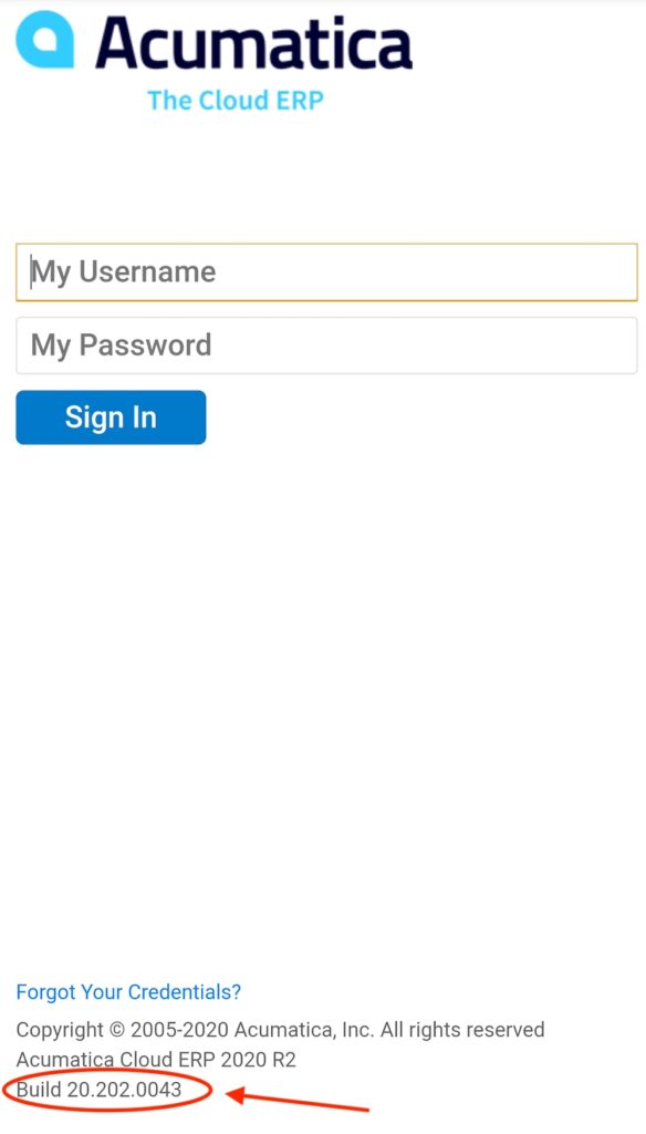 Image displaying how to find the build number in Acumatica Cloud ERP