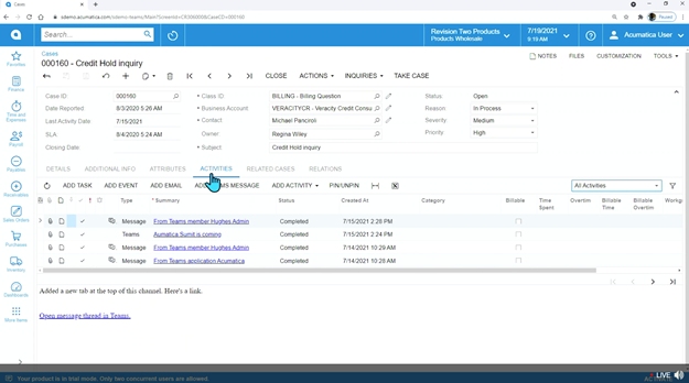 What Did You Miss at Acumatica Summit 2021 - Microsoft Teams Integration Activity Tracking